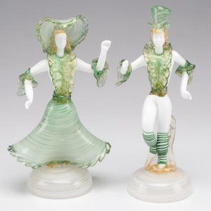 Venetian Murano Green and Gold Flake Couple Figurines!